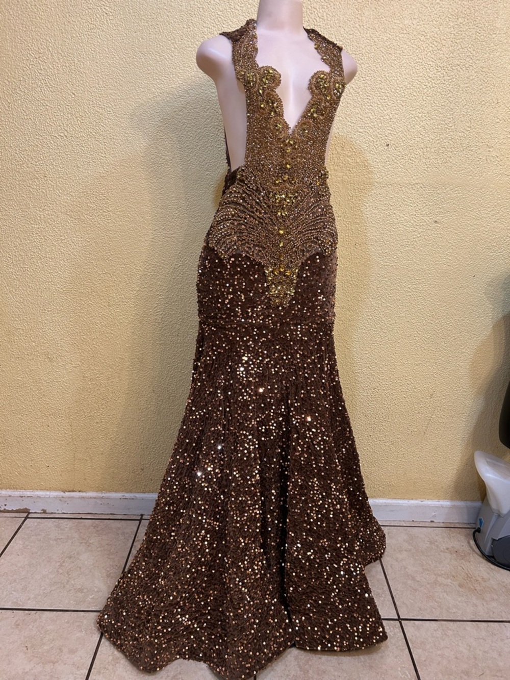 Backless Brown Sequin Evening Gown with Gold Embellishment - Picture 1 of 15